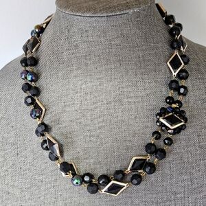 VINTAGE Black Plastic Beaded Strand Cluster Box Clasp Necklace Western Germany